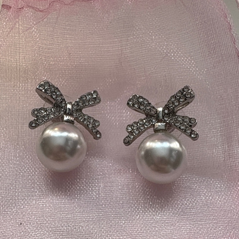 Pearl Drop Bow Stud Earrings - Silver and White